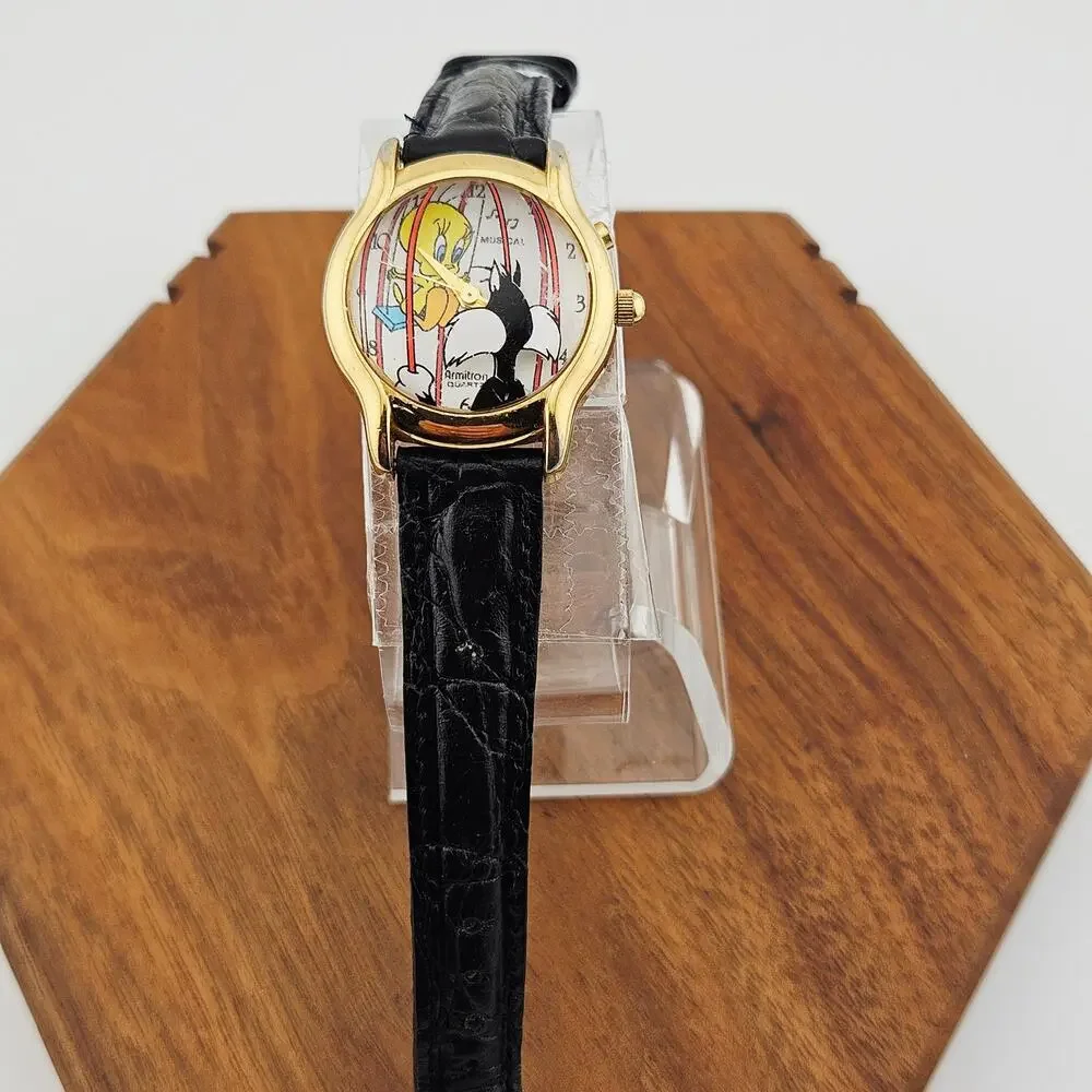 Vintage Armitron Sylvester & Tweety Bird Watch Black Leather Band Needs TLC